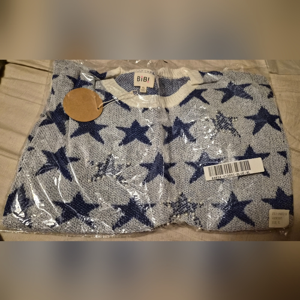 BiBi Blue Star Knit Short Sleeve Sweater – Size XL - Picture 2 of 3